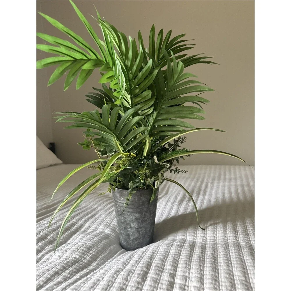 Faux Palm Ivy & Fern Arrangement in Galvanized Tin Bucket – Farmhouse Decor